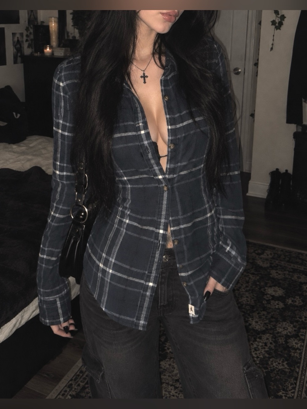 Women’s Plaid Button-Up Essential Stylish Comfy Flannel Shirt - Navy/White